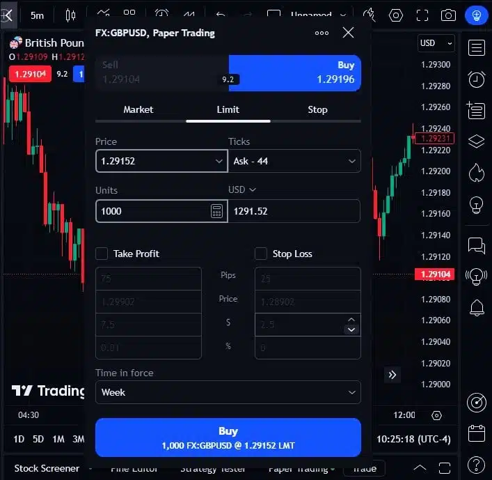 New position order on TradingView showing the position size